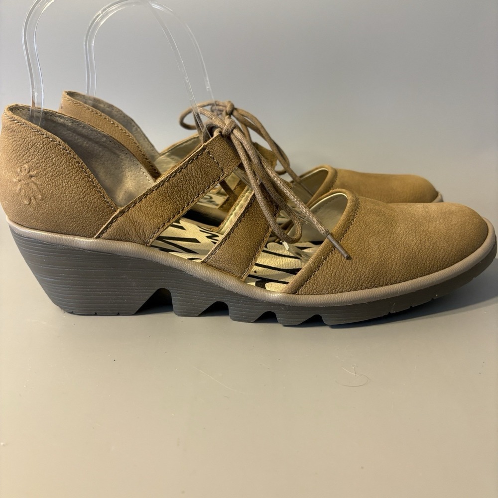 FLY London POMA Lace-Up Suede Shoes 42 / US 11 Tan Lug Wedge